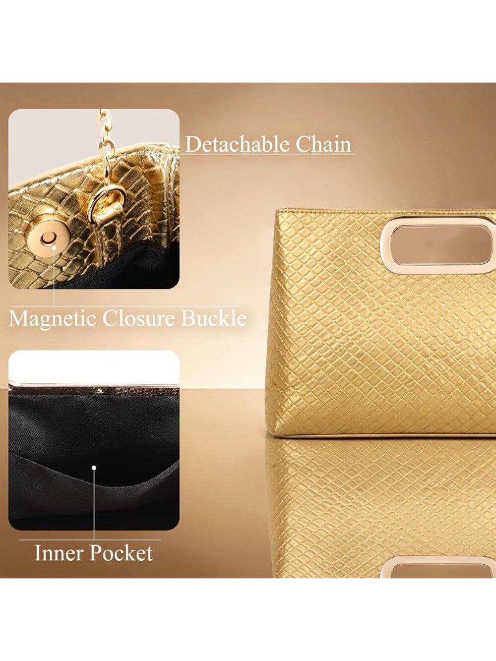 〽️Women's Gold Faux Leather Detachable Chain Wedding Party Handbag Clutch Purse - Picture 4 of 6